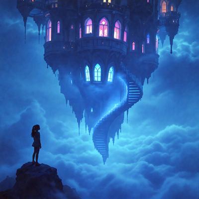 The primary subject of the image is a woman standing on a rock, looking up at a castle. The setting is a cloudy sky, and the visual style appears to be a digital art or illustration. The dominant colors in the image are blue and purple, creating a moody and atmospheric scene.